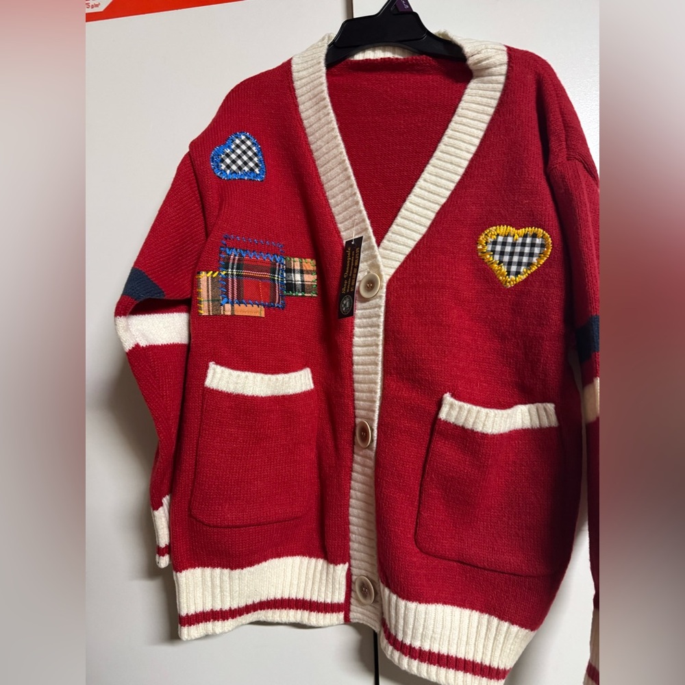 Red Cardigan with Heart Patches
